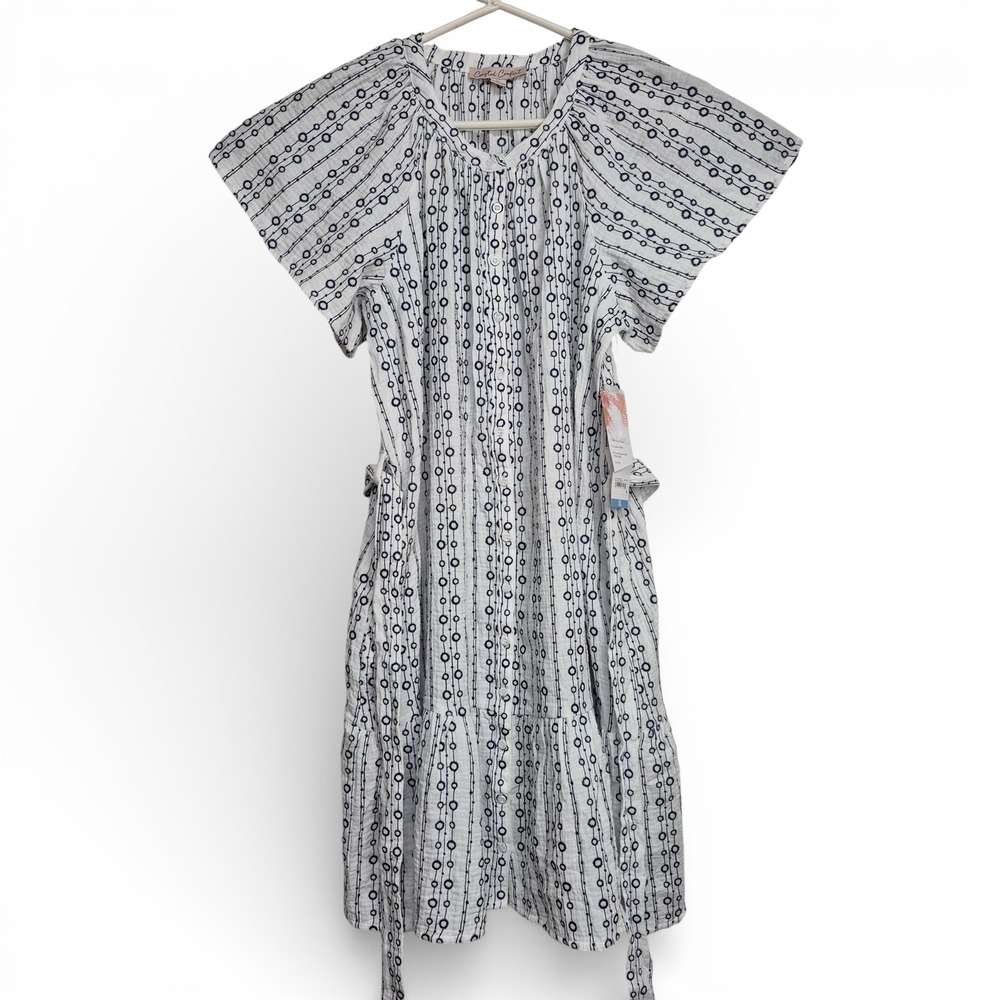 Coastal Comfort White Navy Embroidered Gauze‎ Button Front Tiered Dress XL New